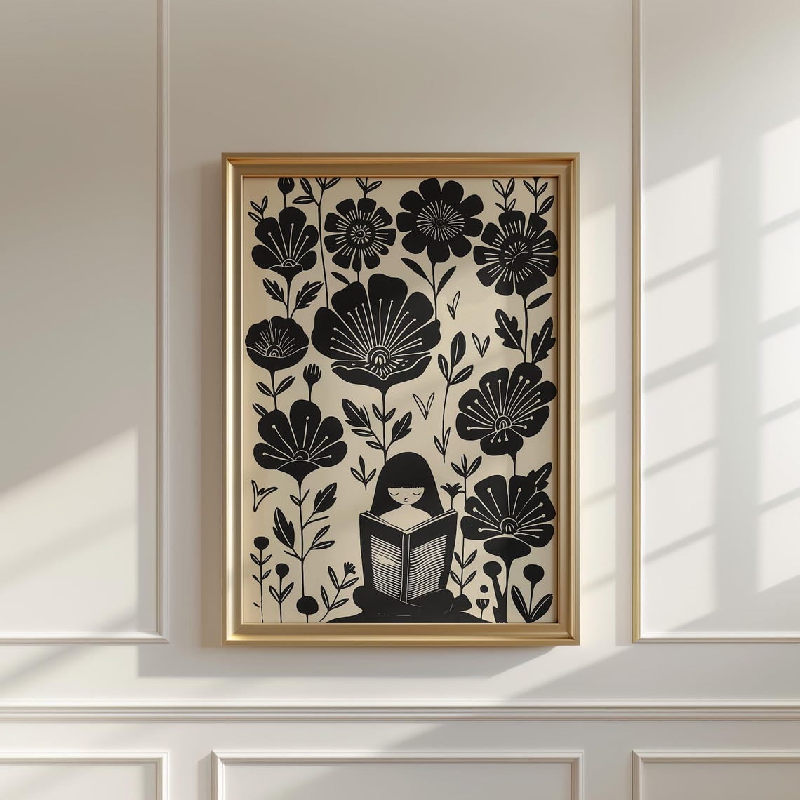 Girl Reading Book Wall Art Print, Floral Line Art - Walmart.com