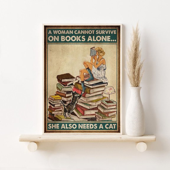 Girl Reading Book With Cat Print A Woman Cannot Survive On Books Poster Reading Quote Print Library Wall Decor Doodle Literature Prints