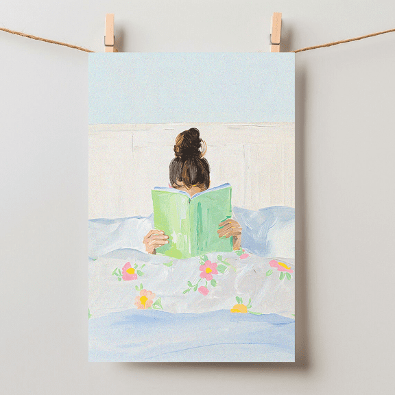 Girl Reading In Bed Colorful Book Lover Library Brunette Tween Unframed Paper Poster 8x10in