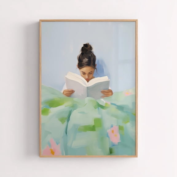 Girl Reading In Bed Poster: Cozy Library Wall Art, Unframed Poster Size 24x36