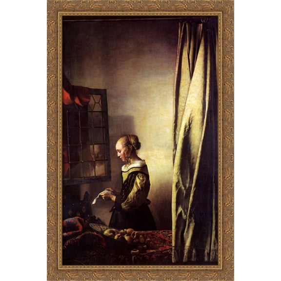 Girl Reading a Letter at an Open Window 26x40 Large Gold Ornate Wood Framed Canvas Art by Johannes Vermeer