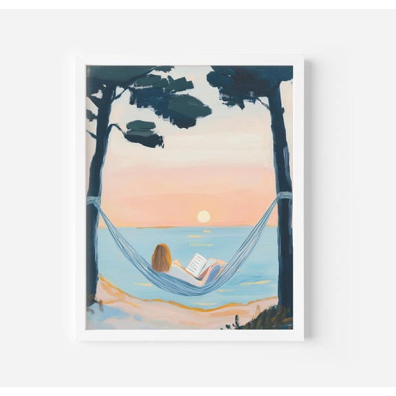 Girl Reading at Sunset Art Print Beach Hammock Wall Art Relaxing Coastal Decor Sunset Book Nook Lover Tranquil Ocean, Unframed Paper Print