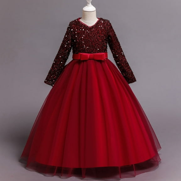Girl Red Dress with Sleeves and Rhinestone for wedding, pageant, graduation, Birthday , New Year and Eid ages 9-11 years old.