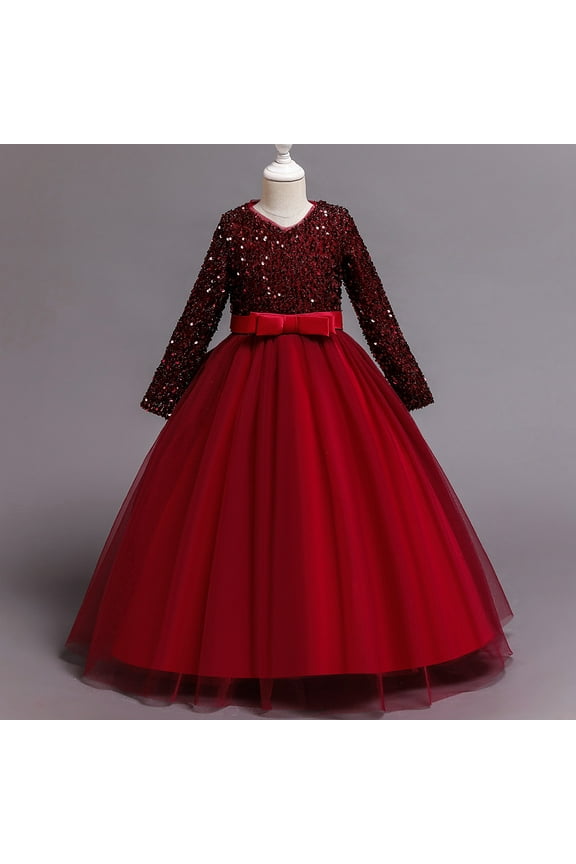 Girl Red Dress with Sleeves and Rhinestone for wedding, pageant, graduation, Birthday ages 5 years old.