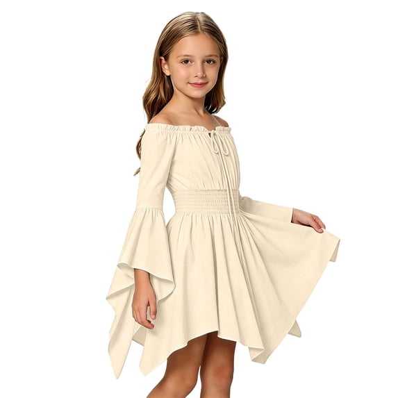 Girl Renaissance Dress Off Shoulder Bell Sleeves Smocked Waist High Low Hem Halloween Pirate