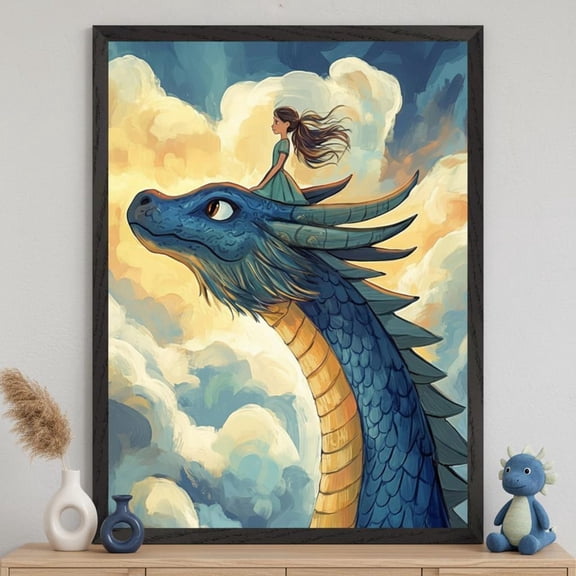 Girl Riding A Dragon Artwork Whimsical Fantasy Wall Art Nursery Dragon Unframed Paper Poster 8x10in