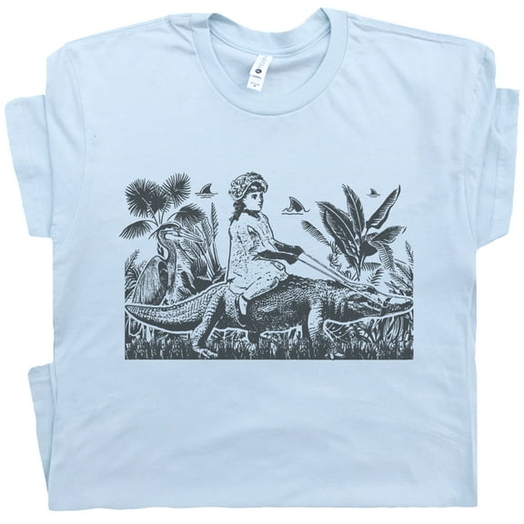 Girl Riding Alligator T Shirt Vintage Florida Everglades Shirt Fun Weird Graphic Shirts for Women Ladies Men Cute Gators Tee Retro Odd