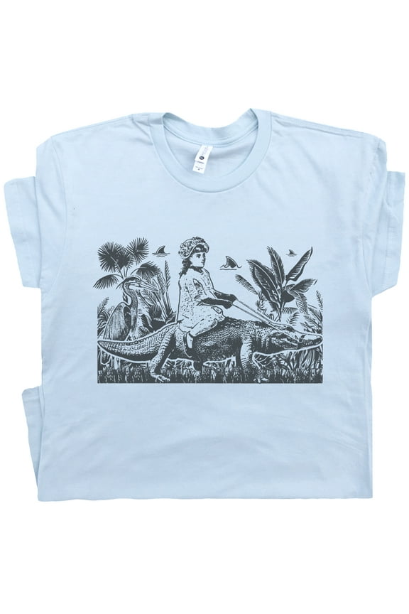 Girl Riding Alligator T Shirt Vintage Florida Everglades Shirt Fun Weird Graphic Shirts for Women Ladies Men Cute Gators Tee Retro Odd