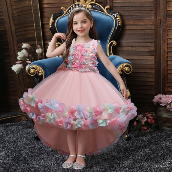 Girl Rose Ruffle Tiered Tutu Gown Flower Girl‘s Sleeveless Lace Princess Dresses with Long Hem Party Ball Tulle Pageant Gowns for Wedding, Birthday, Christmas - 3-10T