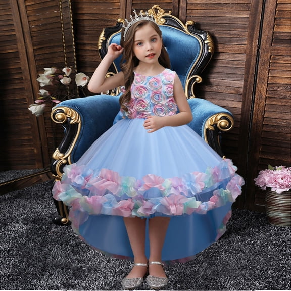Girl Rose Ruffle Tiered Tutu Gown Flower Girl‘s Sleeveless Lace Princess Dresses with Long Hem Party Ball Tulle Pageant Gowns for Wedding, Birthday, Christmas - 3-10T