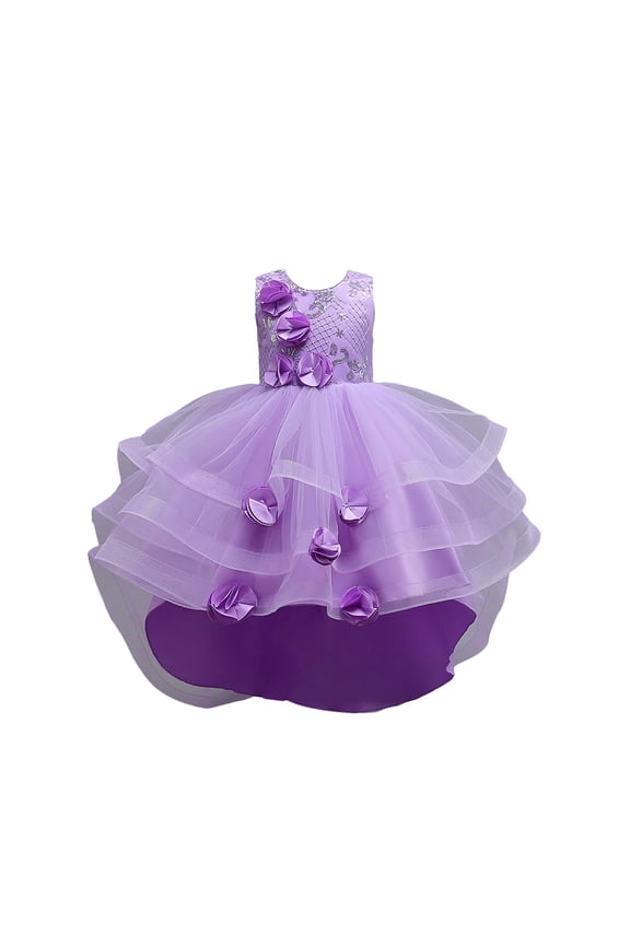 Girl Rose Ruffle Tutu Gown Flower Girl‘s Sleeveless Lace Princess Dresses with Long Hem Party Ball Tulle Pageant Gowns for Wedding, Birthday, Christmas - 5-12T