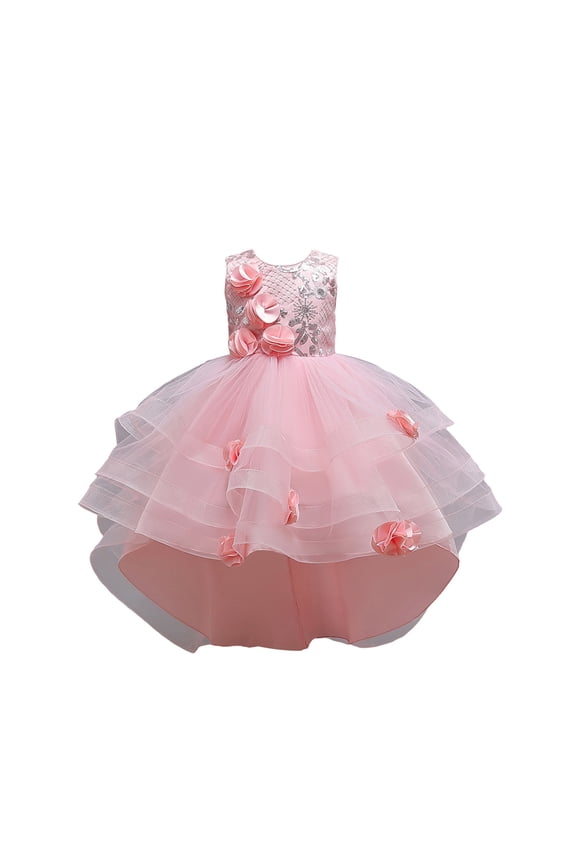 Girl Rose Ruffle Tutu Gown Flower Girl‘s Sleeveless Lace Princess Dresses with Long Hem Party Ball Tulle Pageant Gowns for Wedding, Birthday, Christmas - 5-12T