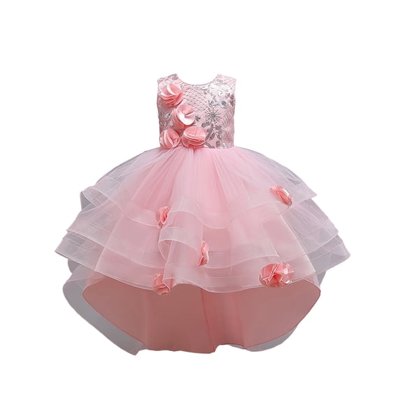 Girl Rose Ruffle Tutu Gown Flower Girl‘s Sleeveless Lace Princess Dresses with Long Hem Party Ball Tulle Pageant Gowns for Wedding, Birthday, Christmas - 5-12T