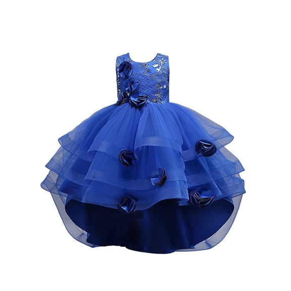 Girl Rose Ruffle Tutu Gown Flower Girl‘s Sleeveless Lace Princess Dresses with Long Hem Party Ball Tulle Pageant Gowns for Wedding, Birthday, Christmas - 5-12T