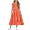 thumbnail image 1 of Girl Ruffle Dresses, Tween Summer Solid Color Sleeveless Tiered A-Line Sundress, Long Maxi Beach Boho Dress Baby Girl Christmas Dress Orange 12Y, 1 of 6