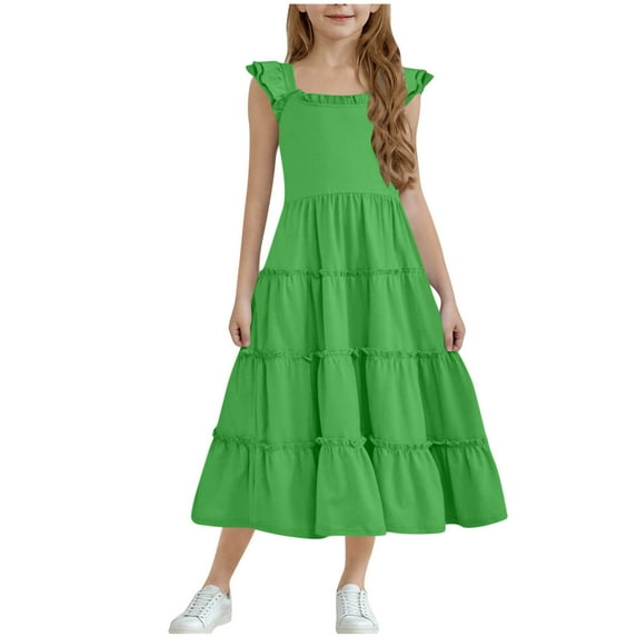 Girl Ruffle Dresses, Tween Summer Solid Color Sleeveless Tiered A-Line Sundress, Long Maxi Beach Boho Dress Child Bodycon Dress Green 5Y
