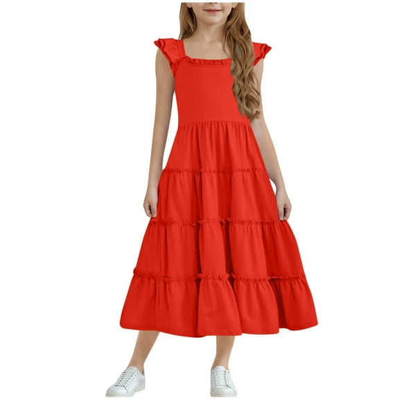 Girl Ruffle Dresses, Tween Summer Solid Color Sleeveless Tiered A-Line Sundress, Long Maxi Beach Boho Dress Kids Mesh Dress 9Y
