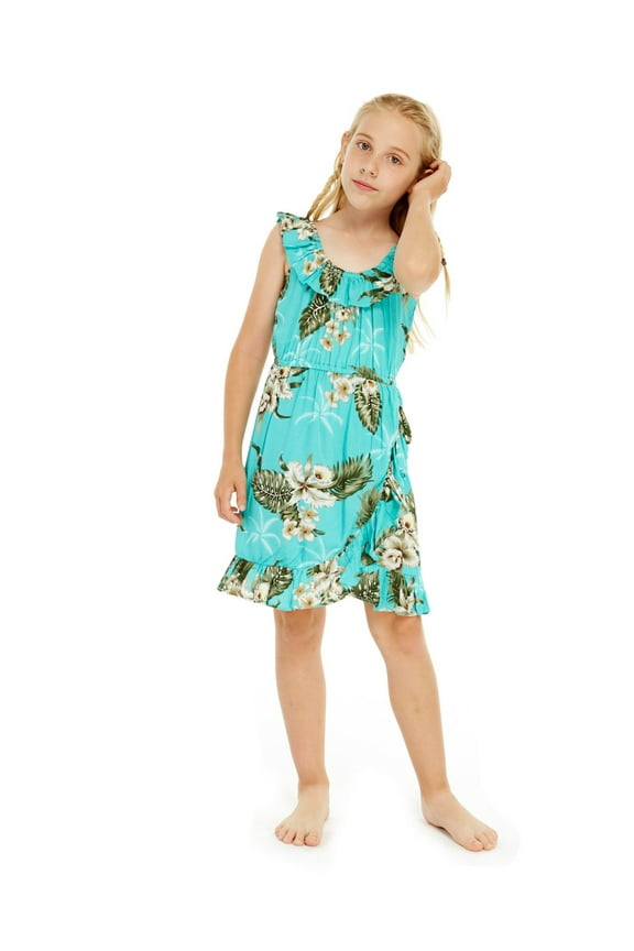 Girl Ruffle Wrap Hawaiian Luau Dress in Green Palm Turquoise Size 4