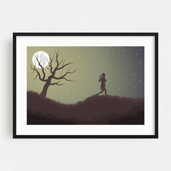 Girl Running in the Moonlight - Digital Art Silhouette Night Sky Moon Mystical Nature Minimalist Black Framed Wall Art Print 24 x 36 inches