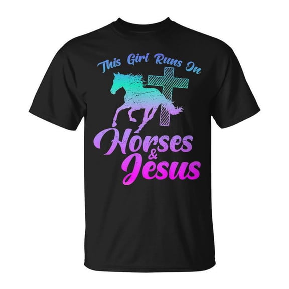 This Girl Runs on Horses and Jesus Graphic Tee Unisex Adult Cotton Casual Horse Riding Christian T-Shirt for Faith and Equestrian Lovers, Size 4XL, Color Black
