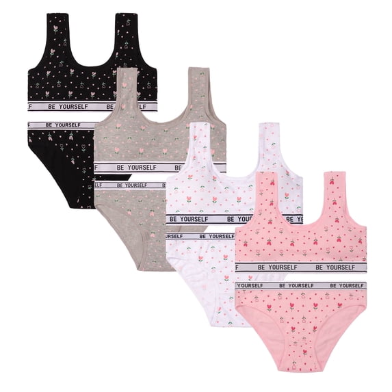 Girl'S Bra Panties Set Comfy Breathable Cotton Underwear Set,Cute Heart Letter Print Training Set For 10-12
