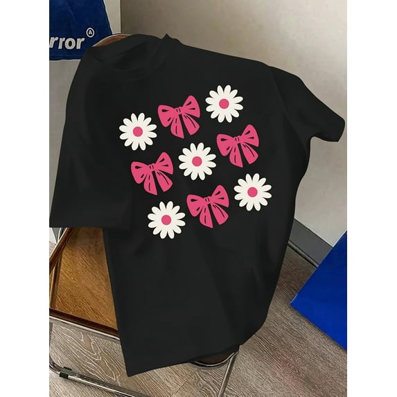 Girl'S Casual Knit Tops with Geometric Pattern Applique, Summer, Cotton, Crew Neck, Slight Stretch, Loose Fit, Knit Fabric, Casual Sporty Tee, Summer Gifts