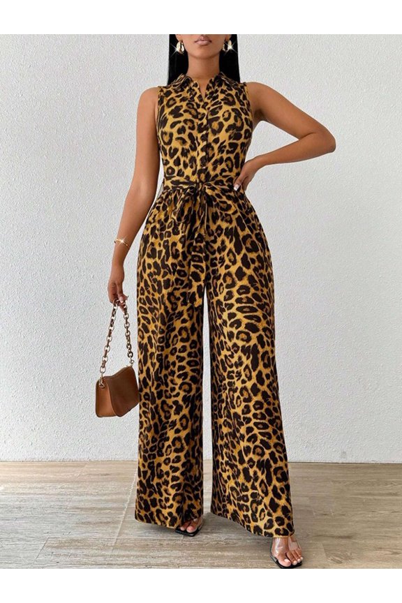 Girl'S Cheetah Print Jumpsuit with Belt Waist Sleeveless Button Down Summer Romper Yellow XXL