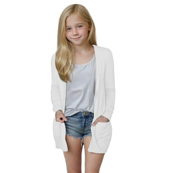 Girl's Open Front Cardigan Long Sleeve Knit Sweaters Kids Solid Cute Casual Loose Outerwear Coats with Pockets White 11 Years