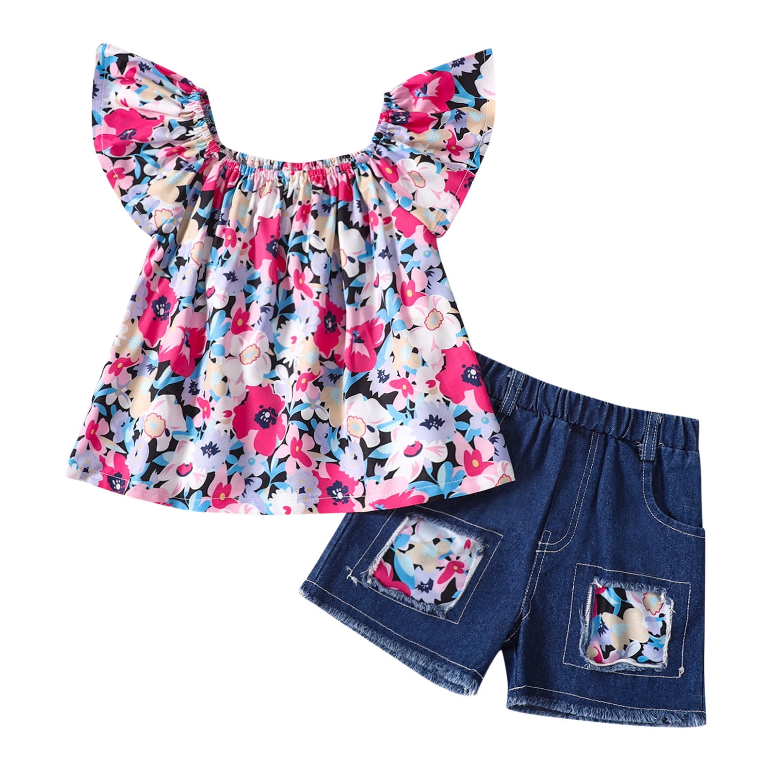 Girl'S Outfit Fly Sleeve Floral Prints Tops And Jeans Shorts 2 Piece ...