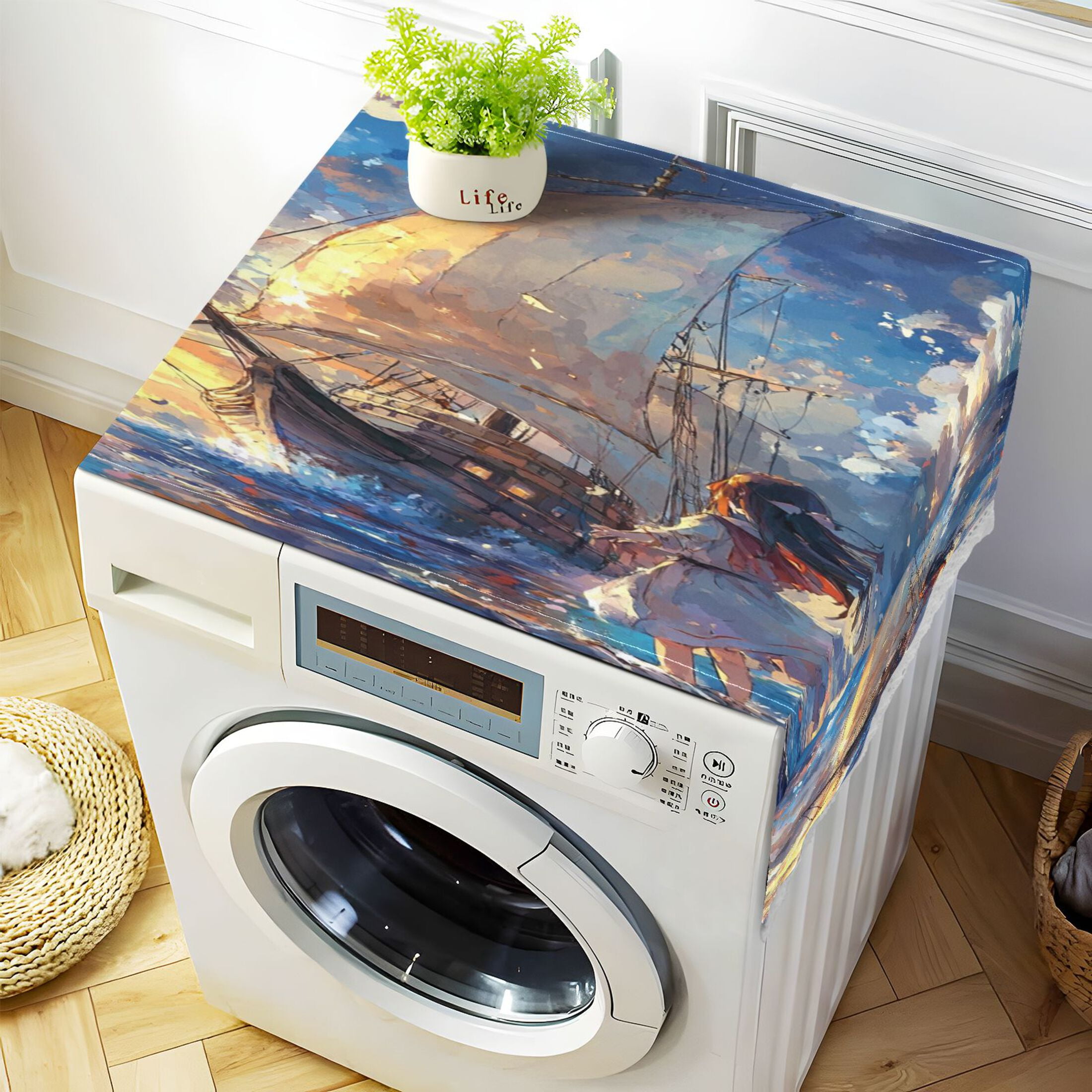A Girl and SaiboatWasher and Dryer Covers Dust-Proof and Oil Resistant Fridge Cover with 4 Storage Pockets Washing Machine Top Cover for Laundry Kitchen Home 51.2 x 22 In