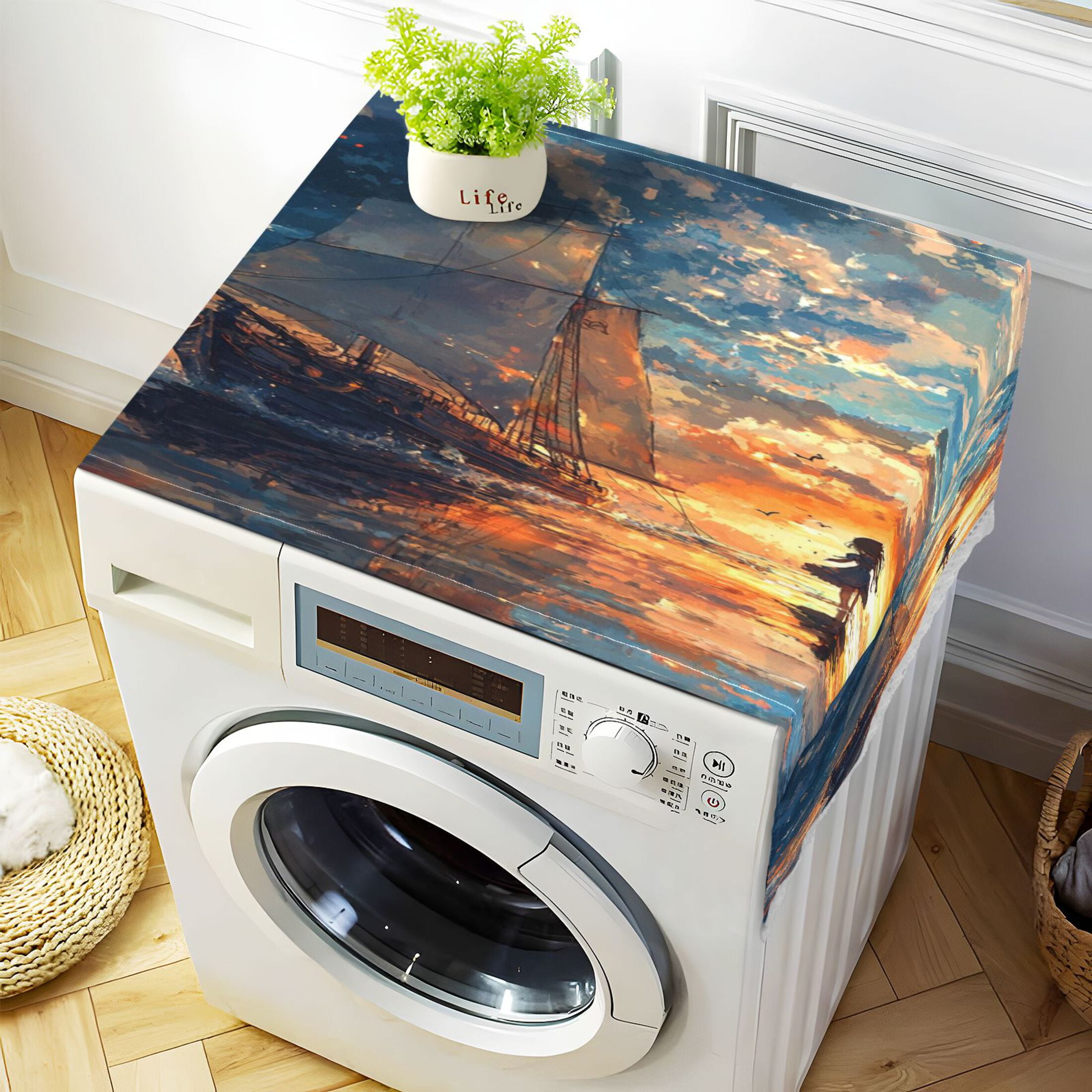 A Girl and SaiboatWasher and Dryer Covers Dust-Proof and Oil Resistant Fridge Cover with 4 Storage Pockets Washing Machine Top Cover for Laundry Kitchen Home 51.2 x 22 In