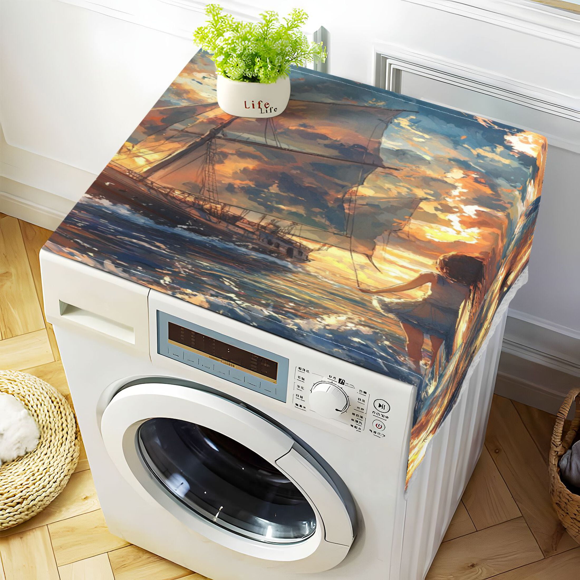A Girl and SaiboatWasher and Dryer Covers Dust-Proof and Oil Resistant Fridge Cover with 4 Storage Pockets Washing Machine Top Cover for Laundry Kitchen Home 51.2 x 22 In
