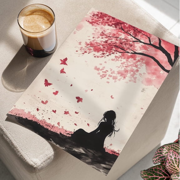 Girl Sakura Tree Silhouette Wall Art, Minimalist Nature Decor, Unframed Paper Print Size 8x12