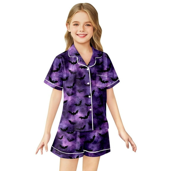 Girl Satin Pajamas Set Button Down Homewear Set Classic Loungewear Halloween prints Pajamas for Boys Size 12-13 Years