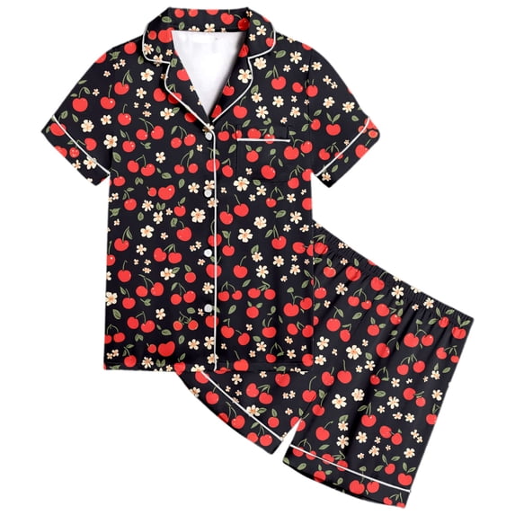 Girl Satin Pajamas Set,Cherry Floral Print Satin Pajama Set Button Down Tops Set 2 Piece Classic Pajamas Set Cute Pajamas For Girls 2-3 Years