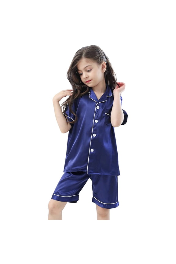 Girl Satin Pajamas Set Classic Blue Short Sleeve Pajamas Girls Button Down Pajamas Set Pajamas Sleepwear Outfits Pj For Girls 8-9 Years
