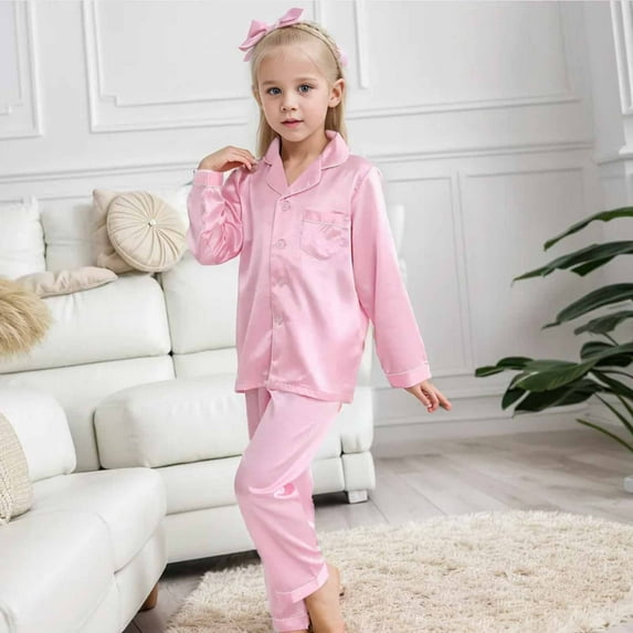 Girl Satin Pajamas Set Gold Button Down Solid Tops T Shirt Set Pjs Sleepwear Outfits Girl Pajamas Size 7-8 Years