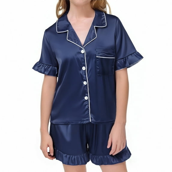 Girl Satin Pajamas Set Navy Button Down Homewear Set Kids Pajamas Nightgown Preppy Pajamas for Girls 11-12 Years