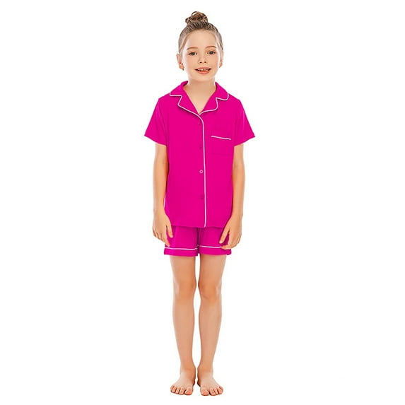 Girls Satin Pajamas Set Solid Button Down Homewear Set Pjs Sleepwear Outfits Girls Silk Pajamas Size 6-7 Years Girls Fashion