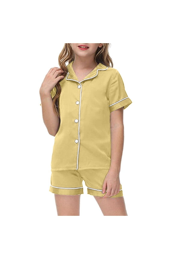 Girl Satin Pajamas Set Yellow Kids Button Down Pajamas Set Girls' Fashion Pajamas Set Cute Pjs for Girls 6-7 Years