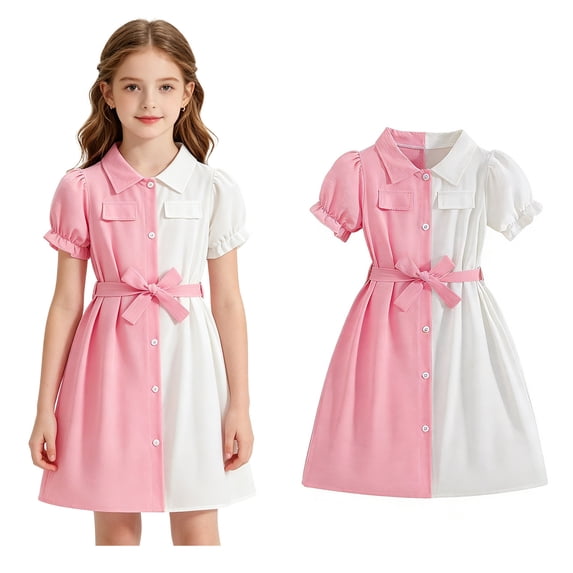 Girl School Uniform Dress Short Sleeve Shirt Dress A-Line Girls School Uniform 9-10 Years