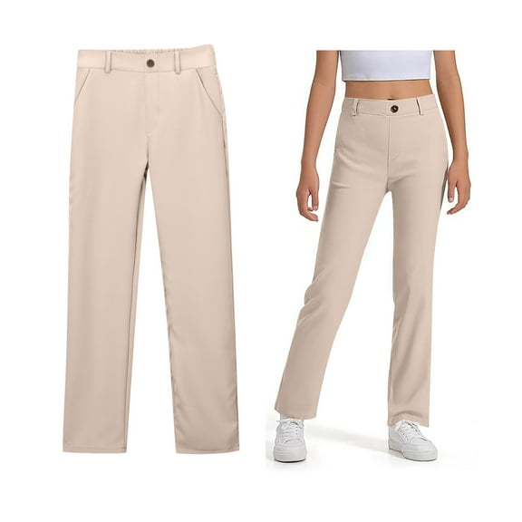 Girl School Uniform Pants Skinny Fit Kids Dress Pants with Pockets Straight Pants Beige Uniform Pants Back To School Clothes Kids Clothes for Girls 9-10 Years