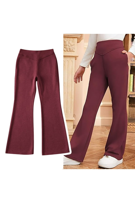 Girl School Uniform Pants Skinny Fit Stretch Pants with Pockets Flare Leg Pants Pants Back to School Outfits for Teen Girls Kids Preppy Clothes 9-10 Years