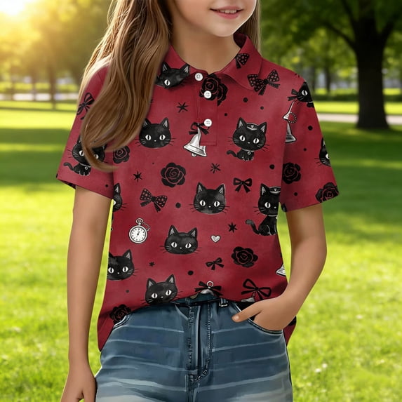 Girl School Uniform Short Sleeve Henley Cute Cartoon Animal Print Polo Shirts Button Closure Comfy Causal T Shirts, 160