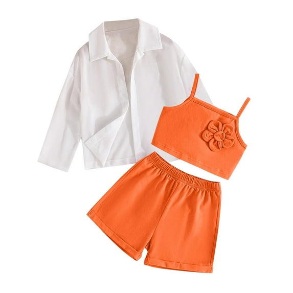 Girl Sets Size 7-8 Ropa Para Niñas De 8 Años, Three Piece Set Of Girls' Solid Color Fashionable Casual Long Sleeved Top+floral Camisole+shorts