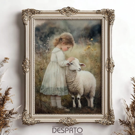Girl And Sheep Print, Shepherdess Lamb Village Farmhouse Decor, Moody Rustic Sheep Cottagecore Wall Art Painting, Print Vintage UNFRAMED PAPER POSTER, Home Decor, Vintage Gift, Living Room Dercor