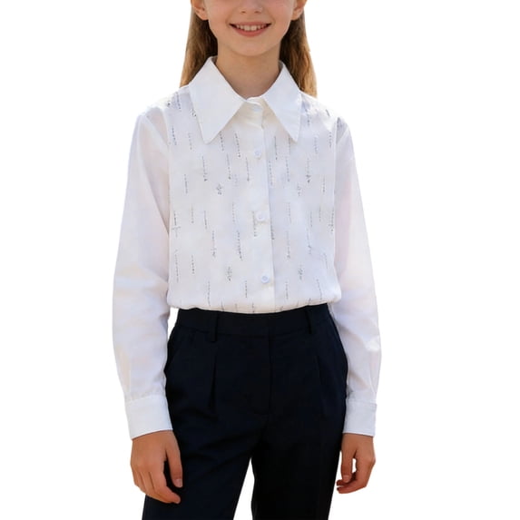 Girl Shirt Button-Down Long Sleeve Formal Casual Blouses White Collared School Uniform Tops Girls Fashion (11 Years, White #B)