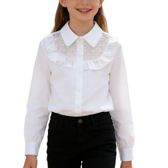 Girl Shirt Button-Down Long Sleeve Formal Casual Blouses White Collared School Uniform Tops Girls Fashion (7 Years, White #D)