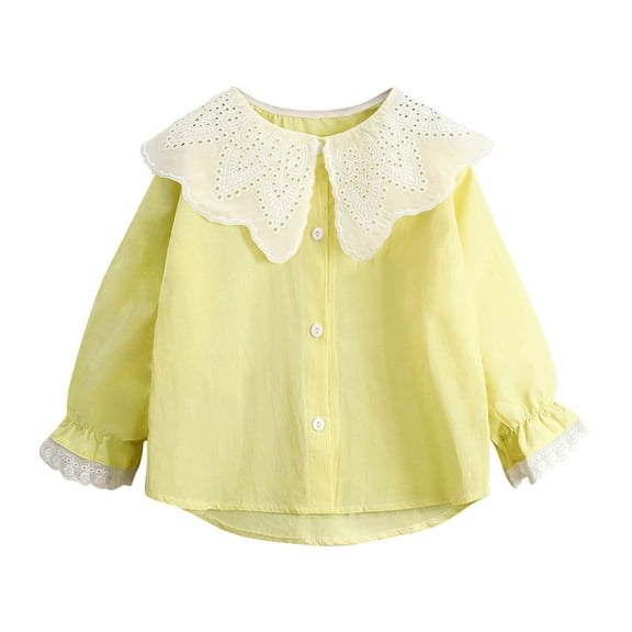 Girl Shirt Peter Pan Collar with Bowknot Blouse Long Sleeve School Uniform 1-2 Years Yellow