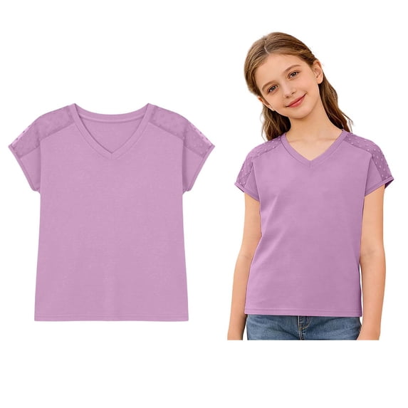 Girl Shirt Short Sleeve V Neck Tshirts Soft Casual Tops for Girls 9-10 Years